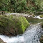 The allyn river surrounded by granite boulders and dense trees