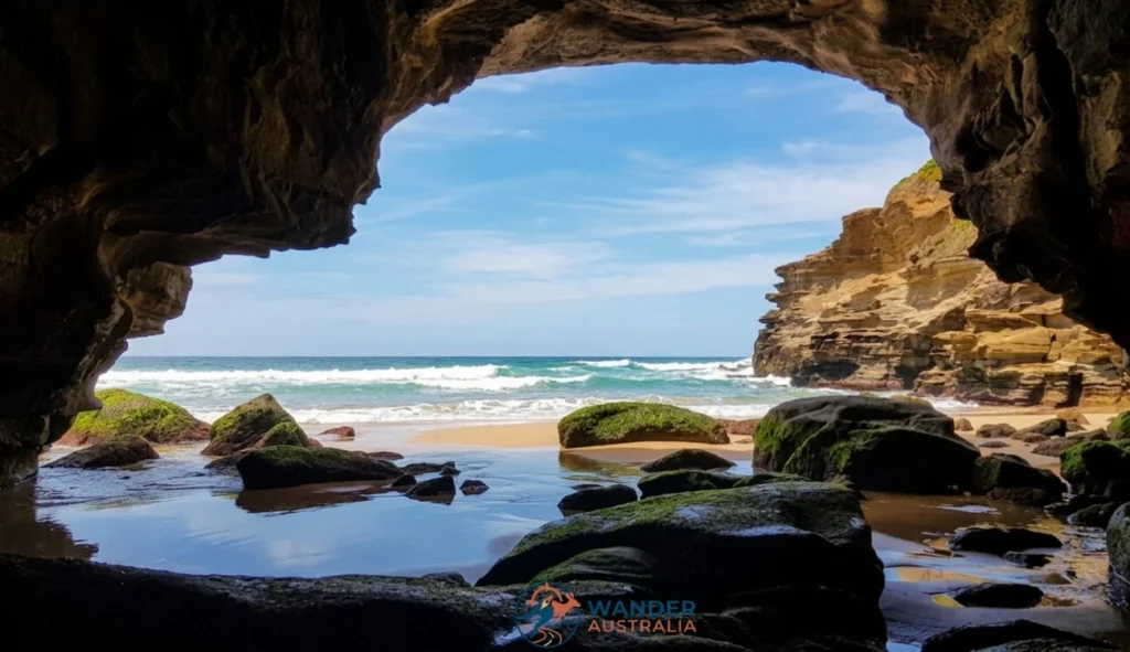 View from inside the Rainbow Cave at Ghosties Beach image