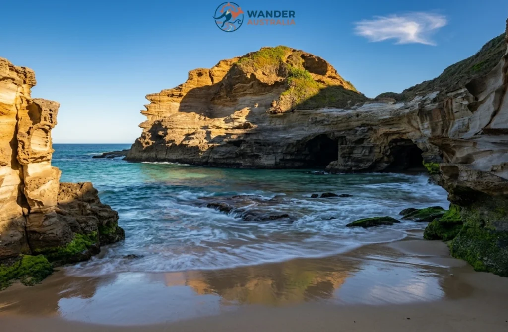 Sea cave openings at Ghosties Beach cove, NSW image