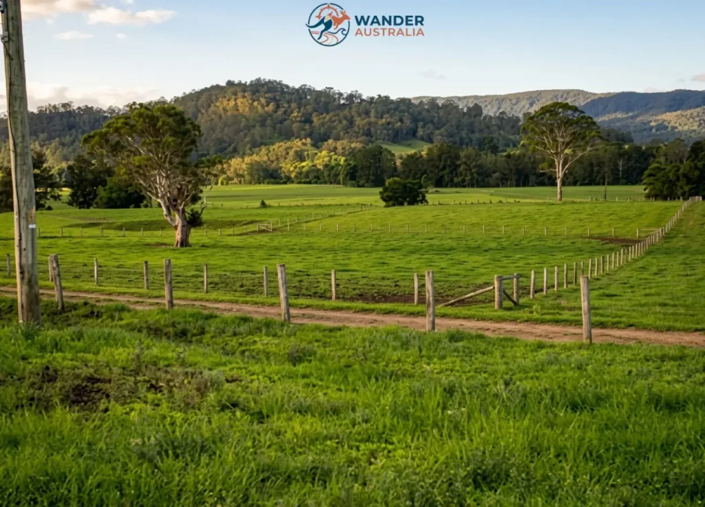 Farmland and fenced paddocks near Gresford NSW at dusk image