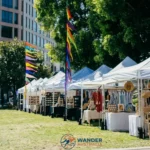 Market stalls and flags at a Newcastle Australia market image