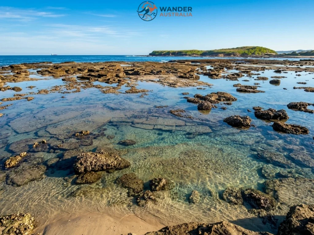 Exposed rock platform near Ghosties Beach at low tide image