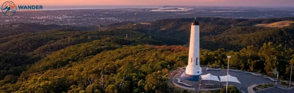 Mount Lofty Summit lookout overlooking the Adelaide Hills and Adelaide city skyline at sunset