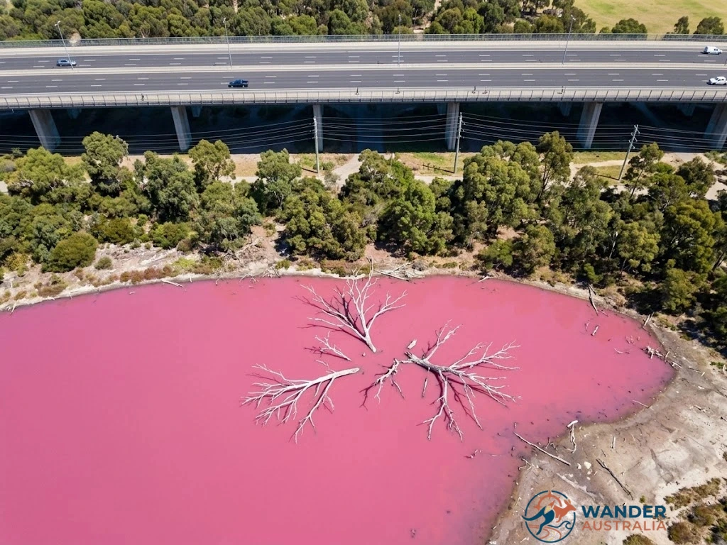 Aerial view of Westgate Park Pink Lake beneath the West Gate Bridge in Port Melbourne