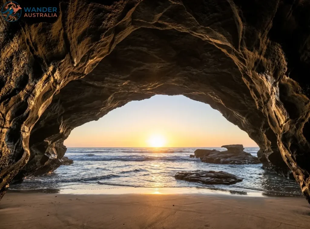 Caves Beach sea cave at sunset image