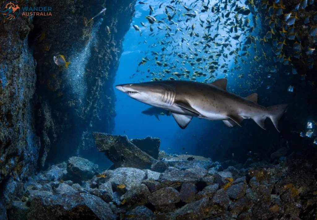 Grey nurse shark swimming through Fish Rock Cave with schooling fish image