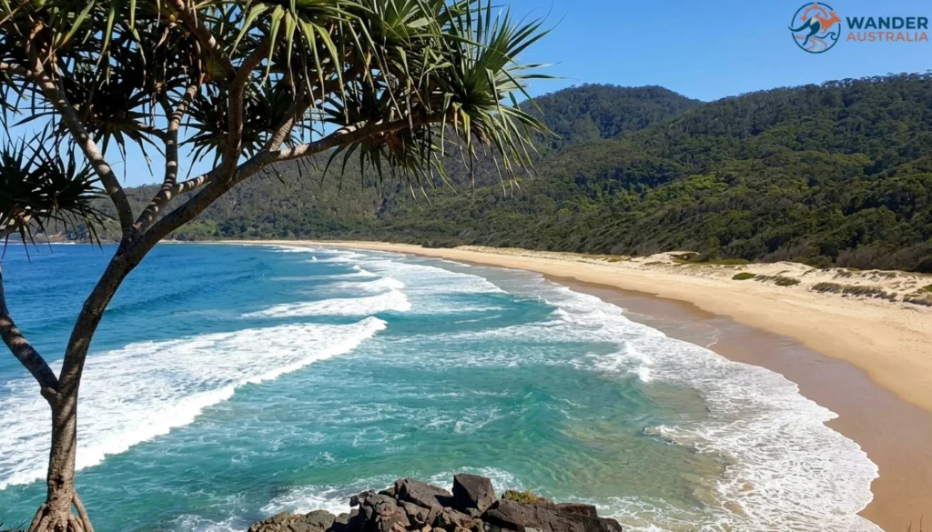 Secluded Gap Beach cove framed by pandanus tree, South West Rocks image