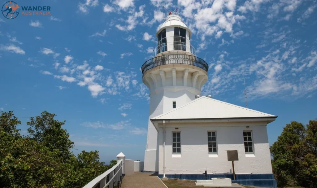 Historic white Smoky Cape Lighthouse against a blue sky image